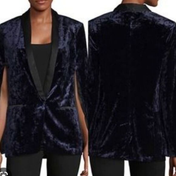 highline Navy Velvet Tuxedo Blazer Cape Statement Slit Sleeves Size 4 - Picture 2 of 11